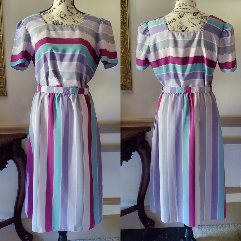Vintage Pastel Striped 2 Piece Skirt Set